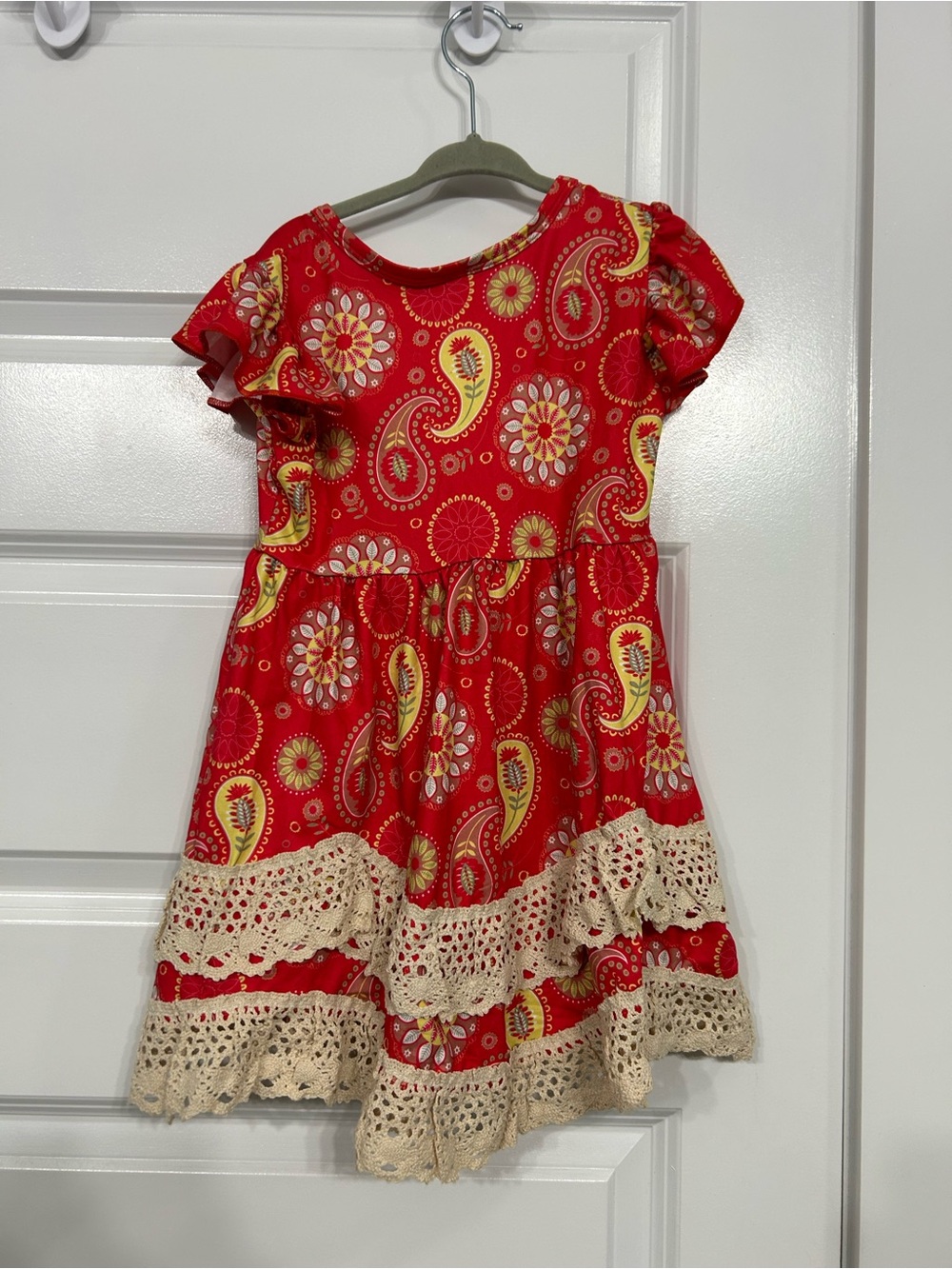 Girls' Red Paisley Lace-Trim Dress